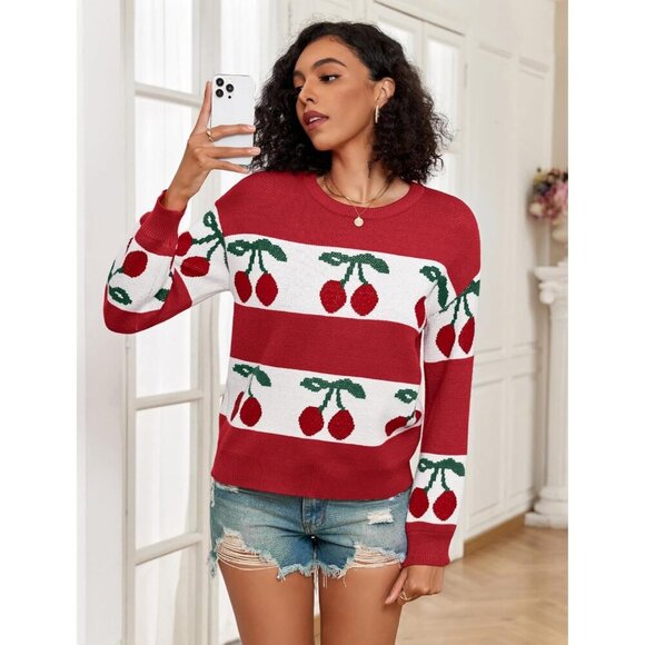 Trendy Women's Cherry Knit Sweater Long Sleeve Casual Fall - Picture 3 of 6